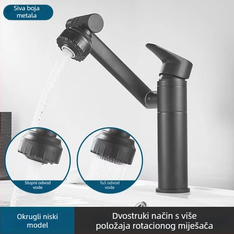 Nehrđajući čelični miješajući slavina za umivaonik, okretna, keramički disk ventil, elektroplatični završetak, radna temperatura 0-90°C