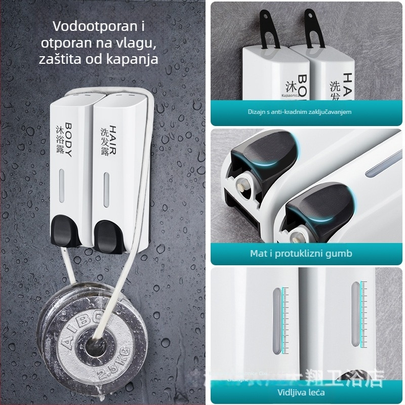 Dvojno-glavni ručni dozator sapuna, plastični, zidni, ručno pritiskanje, 600 g, moderni minimalistički dizajn