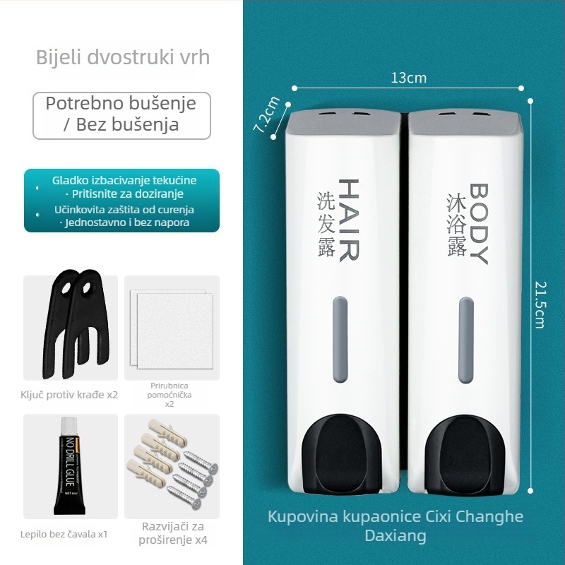 Dvojno-glavni ručni dozator sapuna, plastični, zidni, ručno pritiskanje, 600 g, moderni minimalistički dizajn