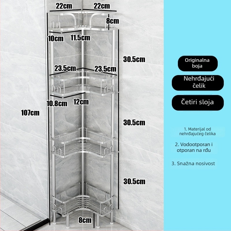 Wo cube nehrđajući čelik kutna kupaonska polica, trokutasti samostojeći regal s dva nivoa, modernan minimalistički dizajn, snažna nosivost