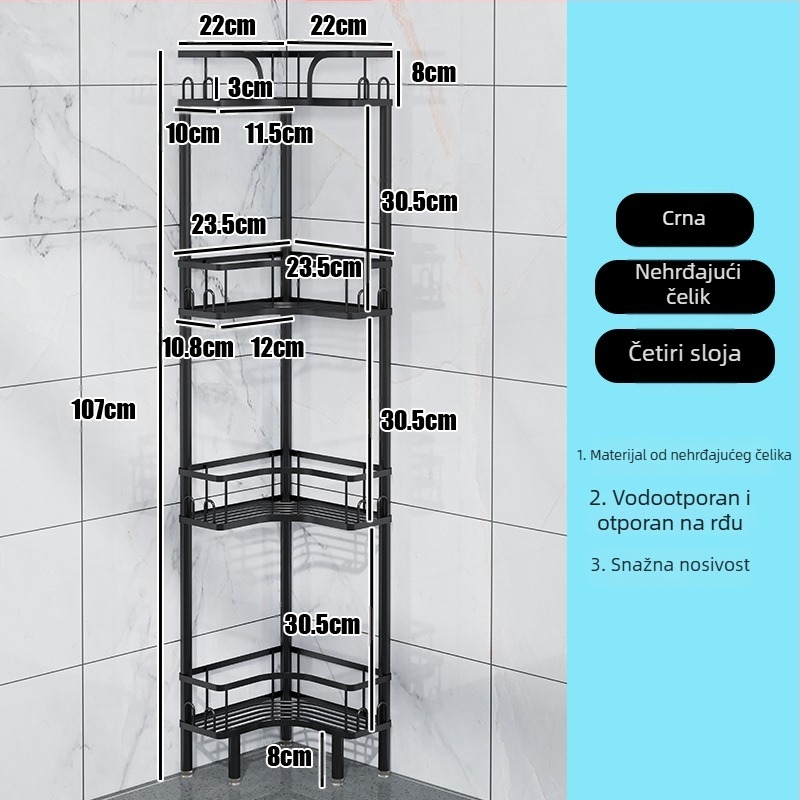 Wo cube nehrđajući čelik kutna kupaonska polica, trokutasti samostojeći regal s dva nivoa, modernan minimalistički dizajn, snažna nosivost