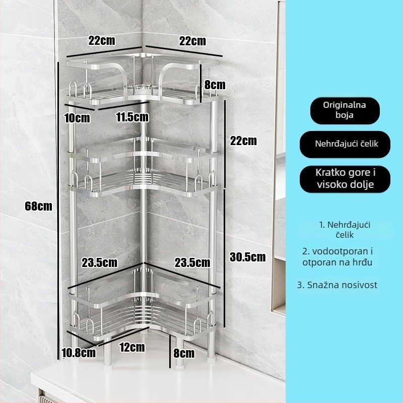 Wo cube nehrđajući čelik kutna kupaonska polica, trokutasti samostojeći regal s dva nivoa, modernan minimalistički dizajn, snažna nosivost