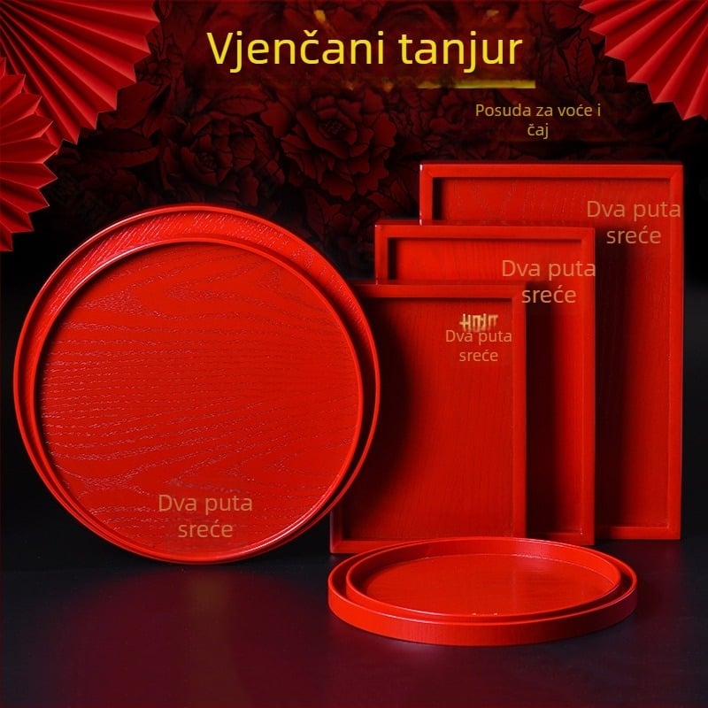Drveni okrugli pladanj – crveno glazirana površina, jednofarban dizajn, otisnuto logo, Novi kineski stil