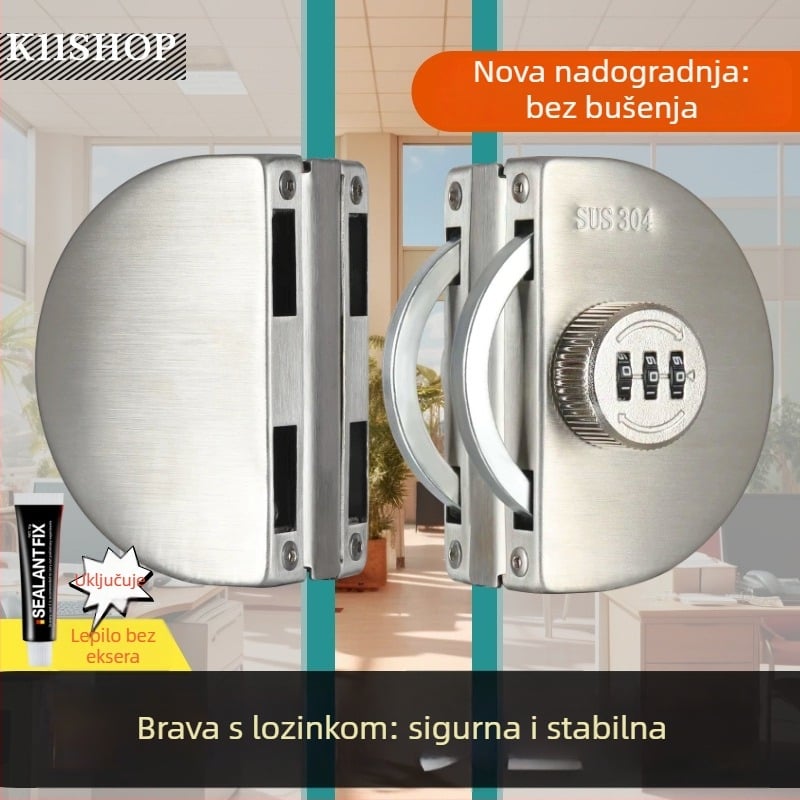 Brava za staklena vrata - Mehanička, nehrđajući čelik, model 102, za staklena vrata, debljina zaključne šipke 12 mm