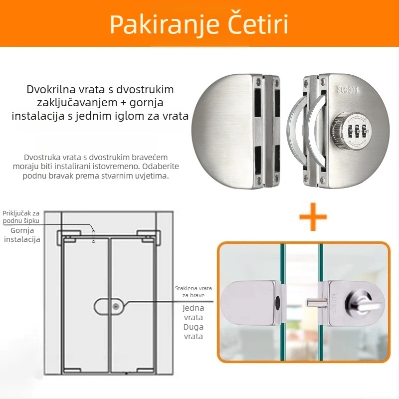 Brava za staklena vrata - Mehanička, nehrđajući čelik, model 102, za staklena vrata, debljina zaključne šipke 12 mm