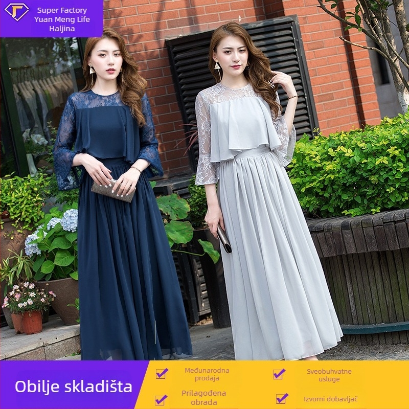 Duga večernja haljina, korejskog stila, haljina za banket za domaćicu, vitka silueta, visok pojas, poliester