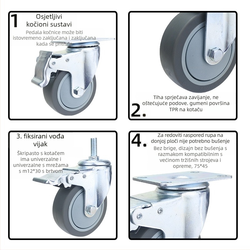 Univerzalni kotač s ravnom pločom, tiho upravljački kolut s kočnicom, TPR guma