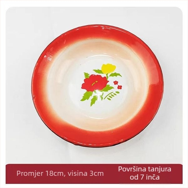 Emajlirani plosnati tanjur, kružni oblik, jednostavni jednobojni uzorak, glazirana površina, modernistički minimalistički stil
