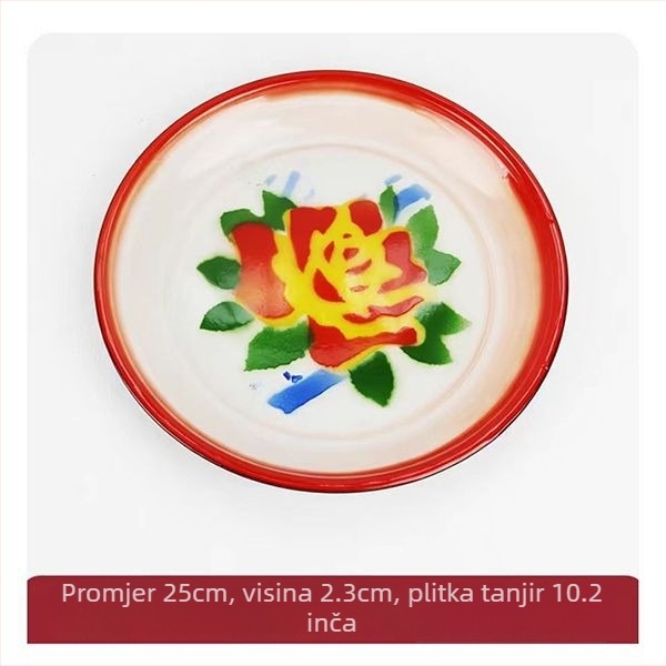 Emajlirani plosnati tanjur, kružni oblik, jednostavni jednobojni uzorak, glazirana površina, modernistički minimalistički stil