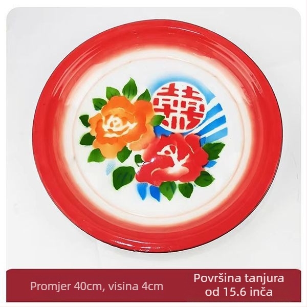 Emajlirani plosnati tanjur, kružni oblik, jednostavni jednobojni uzorak, glazirana površina, modernistički minimalistički stil
