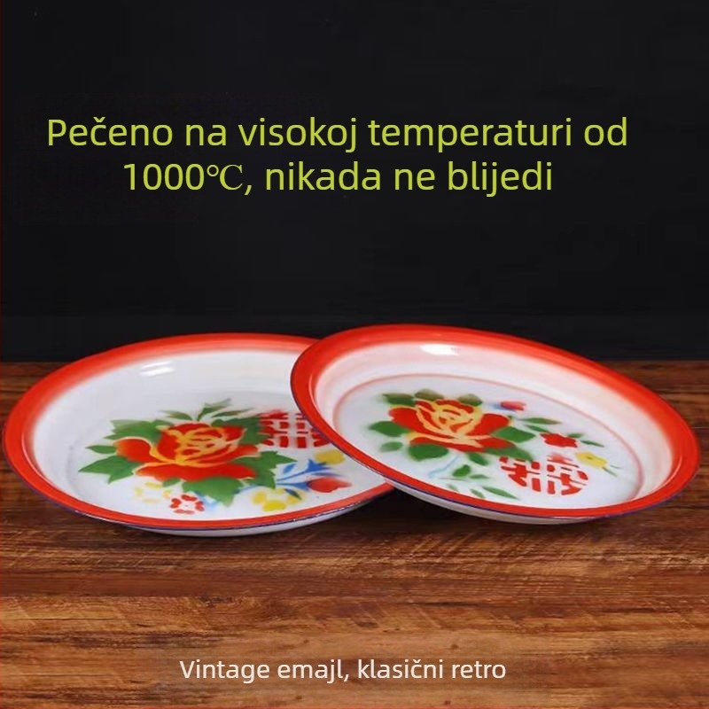 Emajlirani plosnati tanjur, kružni oblik, jednostavni jednobojni uzorak, glazirana površina, modernistički minimalistički stil