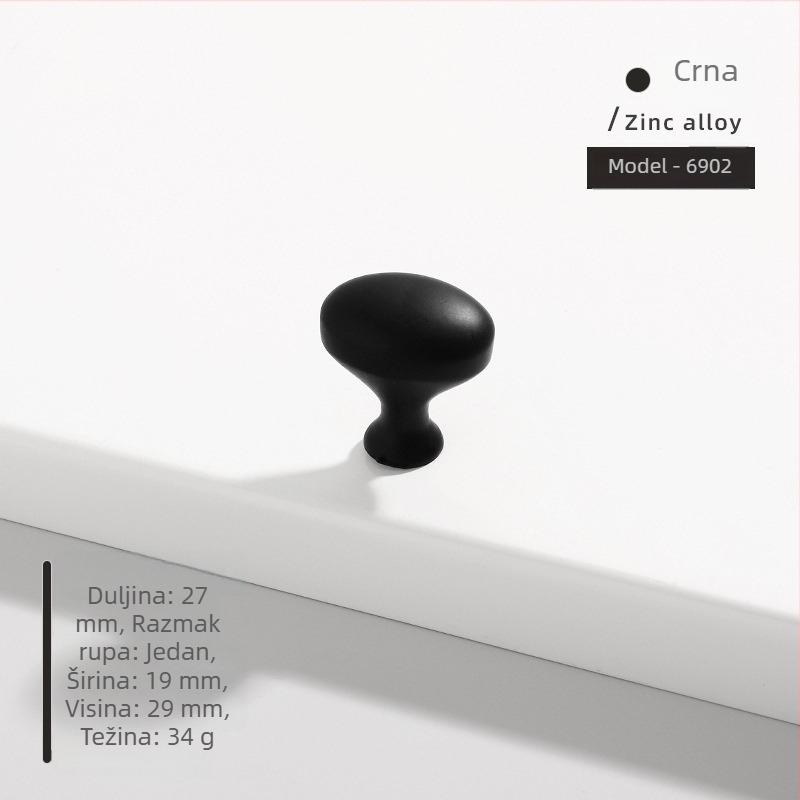 Ručka za vrata ormarića — ovalna, s jednim otvorom, od cinkovog legura, lijevano, površinski montirana, moderni minimalistički stil, model 6902