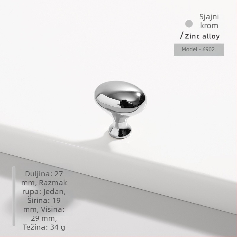 Ručka za vrata ormarića — ovalna, s jednim otvorom, od cinkovog legura, lijevano, površinski montirana, moderni minimalistički stil, model 6902