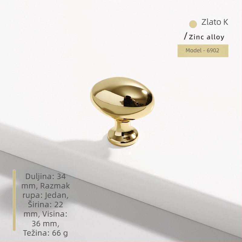 Ručka za vrata ormarića — ovalna, s jednim otvorom, od cinkovog legura, lijevano, površinski montirana, moderni minimalistički stil, model 6902