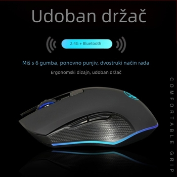 M6 bežična Bluetooth 5.2 miša s dvostrukim načinom povezivanja 2.4G/Bluetooth, USB-C punjenje, 2400dpi, 6 tipki, ergonomski dizajn