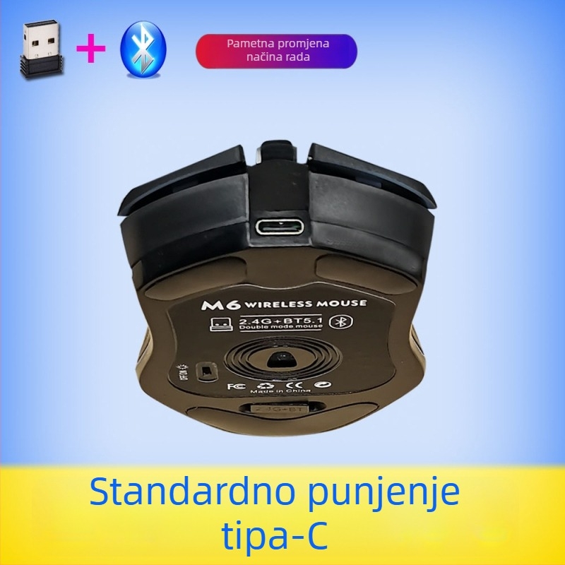 M6 bežična Bluetooth 5.2 miša s dvostrukim načinom povezivanja 2.4G/Bluetooth, USB-C punjenje, 2400dpi, 6 tipki, ergonomski dizajn