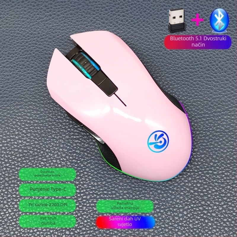 M6 bežična Bluetooth 5.2 miša s dvostrukim načinom povezivanja 2.4G/Bluetooth, USB-C punjenje, 2400dpi, 6 tipki, ergonomski dizajn