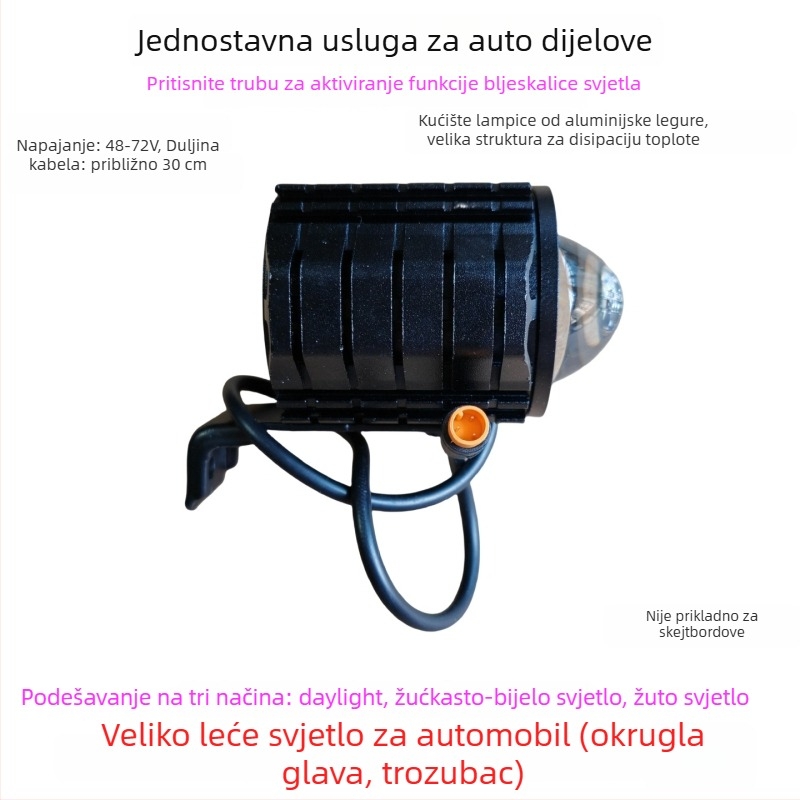 LED prednje svjetlo za sklopivi bicikl, aluminijska legura, 12W, 36-80V, Model YTDD