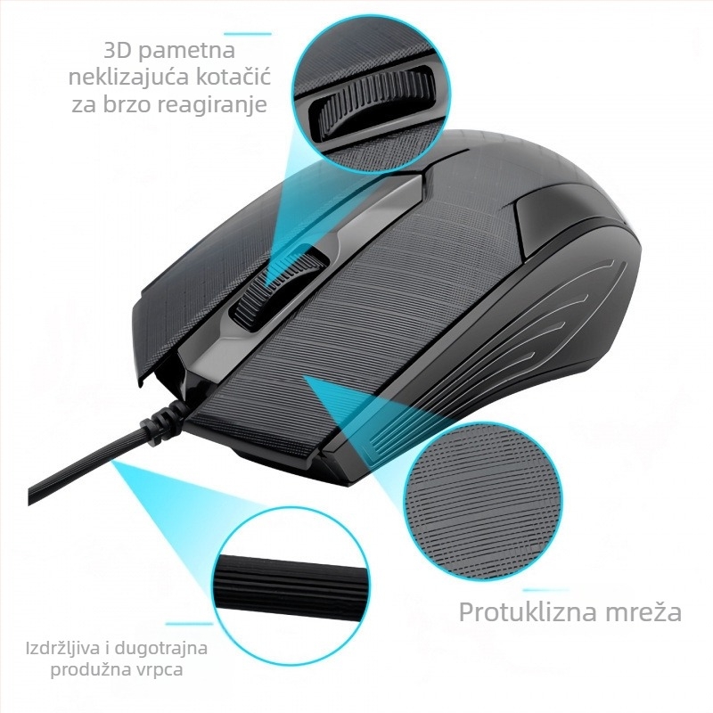 USB kabelski miš za računalo s dugim kabelom, 2m/3m/5m, 3 tipke, fotoelektrični senzor, za stolno računalo/TV monitor