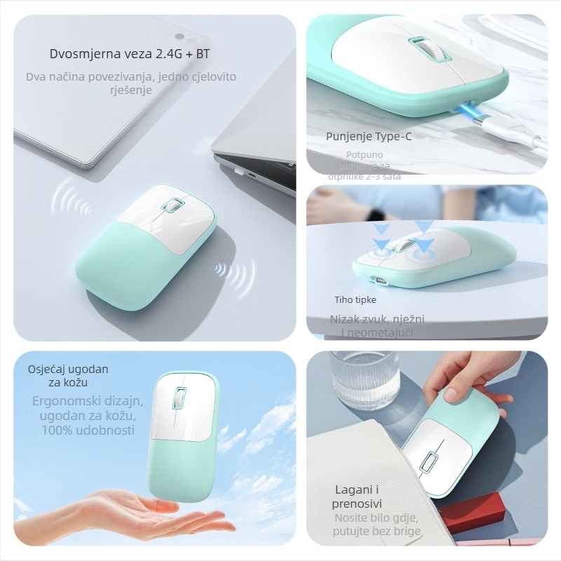Bežična miša s 2.4G+Bluetooth, 1600 DPI, USB sučelje, ergonomski dizajn, domet 10 m