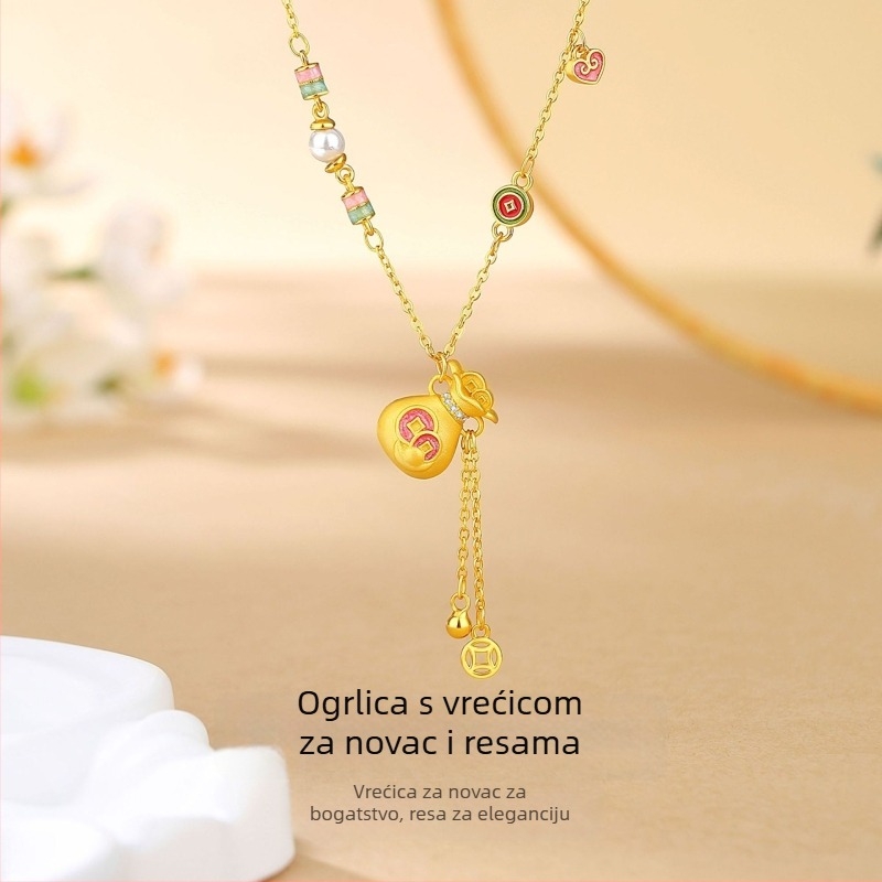 Ogrlica od srebra 925 s talismanom novčića, resicama i ukrašenim kamenjem, za žene, kineski stil, Nova godina, dugačak lanac za džemper