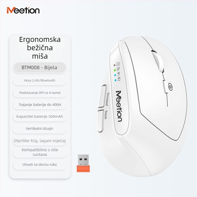 Ergonomski vertikalni bežični miš s dvostrukim načinom napajanja, 2400 DPI, 6 tipki, podržava 2.4G i Bluetooth, za lijevu ili desnu ruku, kompatibilan s desktopom, laptopom, All-in-One i tabletom