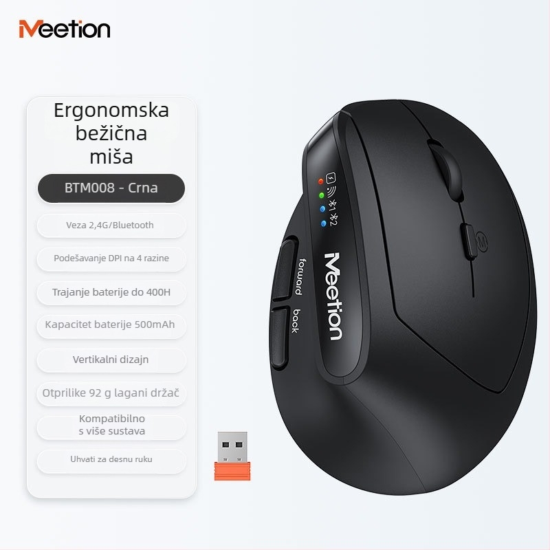 Ergonomski vertikalni bežični miš s dvostrukim načinom napajanja, 2400 DPI, 6 tipki, podržava 2.4G i Bluetooth, za lijevu ili desnu ruku, kompatibilan s desktopom, laptopom, All-in-One i tabletom