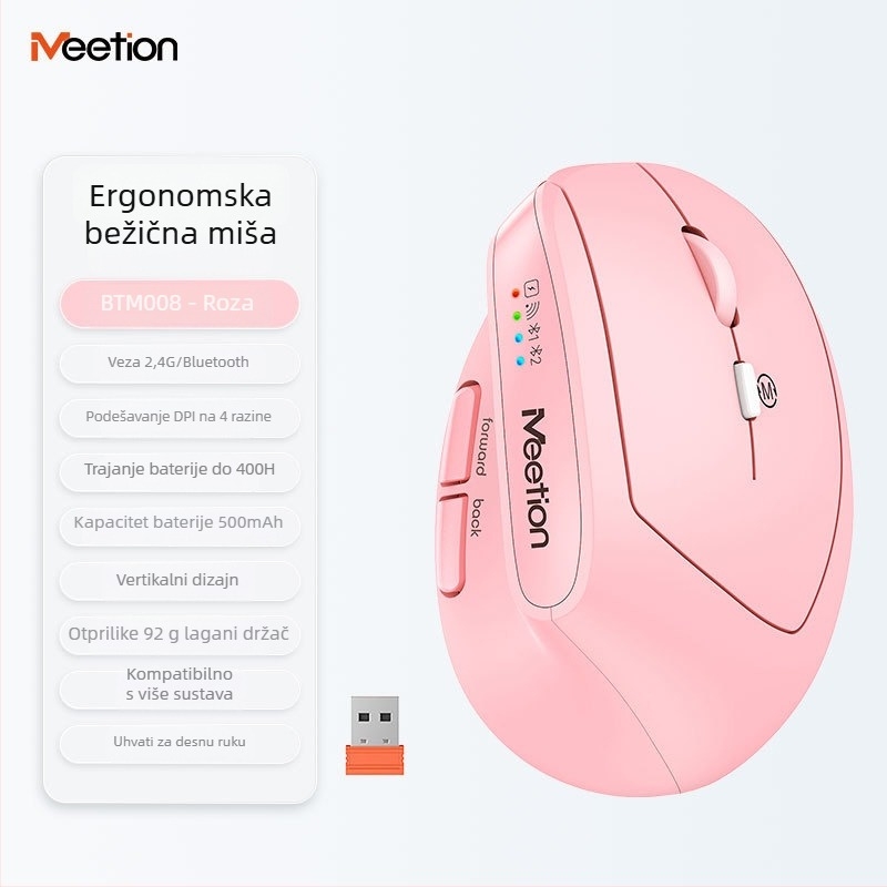 Ergonomski vertikalni bežični miš s dvostrukim načinom napajanja, 2400 DPI, 6 tipki, podržava 2.4G i Bluetooth, za lijevu ili desnu ruku, kompatibilan s desktopom, laptopom, All-in-One i tabletom