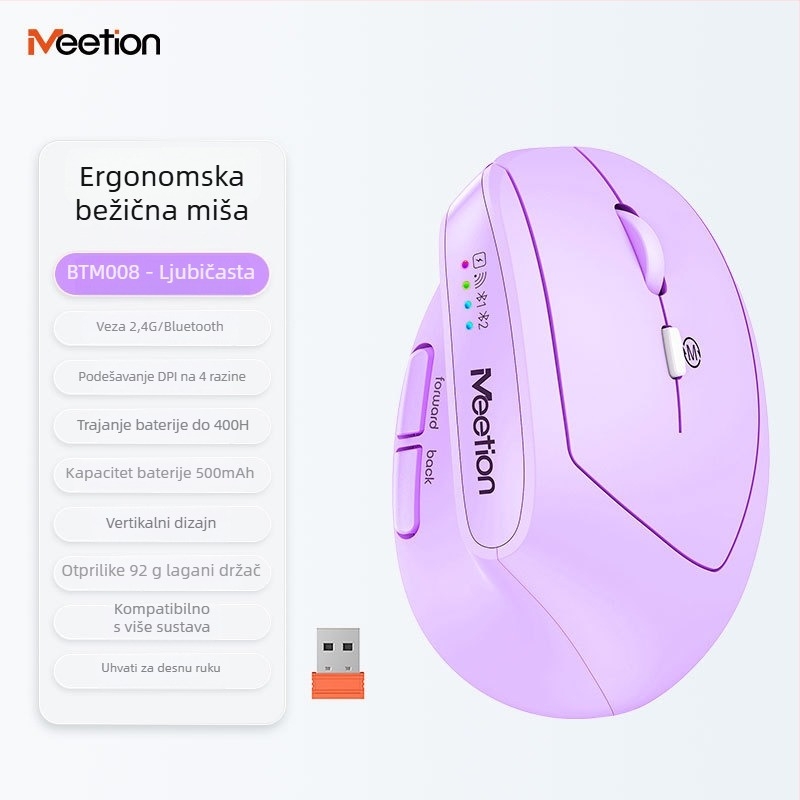 Ergonomski vertikalni bežični miš s dvostrukim načinom napajanja, 2400 DPI, 6 tipki, podržava 2.4G i Bluetooth, za lijevu ili desnu ruku, kompatibilan s desktopom, laptopom, All-in-One i tabletom