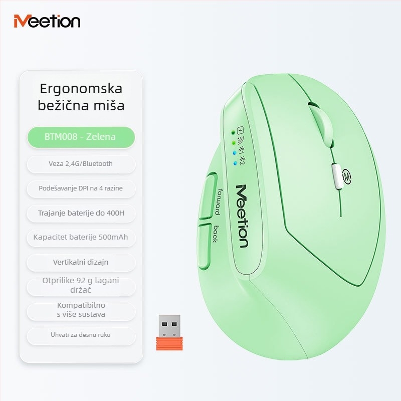 Ergonomski vertikalni bežični miš s dvostrukim načinom napajanja, 2400 DPI, 6 tipki, podržava 2.4G i Bluetooth, za lijevu ili desnu ruku, kompatibilan s desktopom, laptopom, All-in-One i tabletom