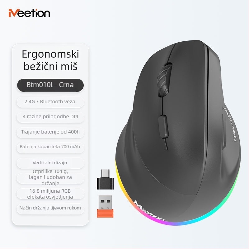 Ergonomski vertikalni bežični miš s dvostrukim načinom napajanja, 2400 DPI, 6 tipki, podržava 2.4G i Bluetooth, za lijevu ili desnu ruku, kompatibilan s desktopom, laptopom, All-in-One i tabletom