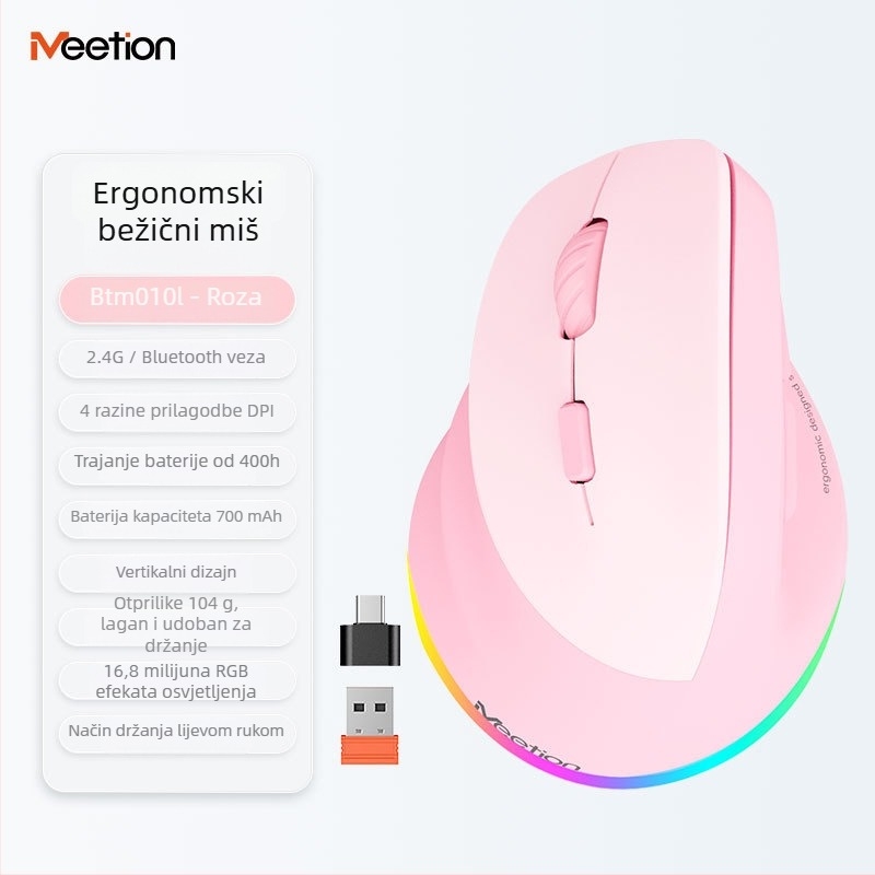 Ergonomski vertikalni bežični miš s dvostrukim načinom napajanja, 2400 DPI, 6 tipki, podržava 2.4G i Bluetooth, za lijevu ili desnu ruku, kompatibilan s desktopom, laptopom, All-in-One i tabletom