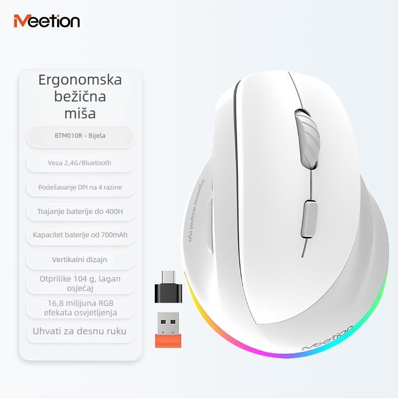 Ergonomski vertikalni bežični miš s dvostrukim načinom napajanja, 2400 DPI, 6 tipki, podržava 2.4G i Bluetooth, za lijevu ili desnu ruku, kompatibilan s desktopom, laptopom, All-in-One i tabletom