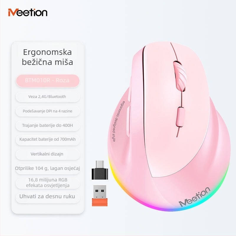Ergonomski vertikalni bežični miš s dvostrukim načinom napajanja, 2400 DPI, 6 tipki, podržava 2.4G i Bluetooth, za lijevu ili desnu ruku, kompatibilan s desktopom, laptopom, All-in-One i tabletom