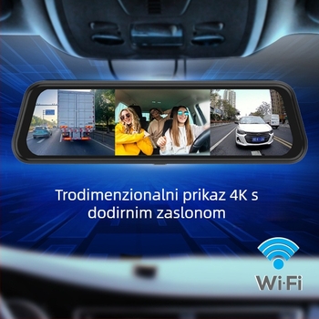 Automobilska kamera s 4K prednjim i stražnjim snimanjem, Wi‑Fi, montaža na retrovizor, trostruki objektiv