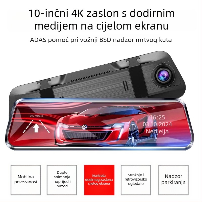 Automobilska kamera s 4K prednjim i stražnjim snimanjem, Wi‑Fi, montaža na retrovizor, trostruki objektiv