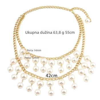 Višeslojna ogrlica od umjetnih perli s resicama, lanac u obliku vodnih valova, kapkoviti dizajn, privjesak od željezne legure (Imitation pearls; Water-wave chain; Multi-layer; Drop shape; Iron alloy)