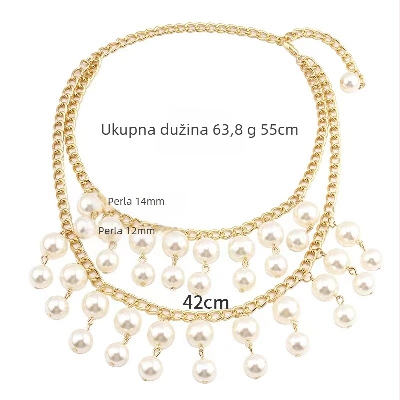 Višeslojna ogrlica od umjetnih perli s resicama, lanac u obliku vodnih valova, kapkoviti dizajn, privjesak od željezne legure (Imitation pearls; Water-wave chain; Multi-layer; Drop shape; Iron alloy)