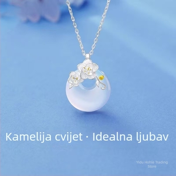 Holler 999 srebrni lančić s chalcedonom u obliku kamelije, privjesak s krstnim lancem, ručno izrađeno, unisex