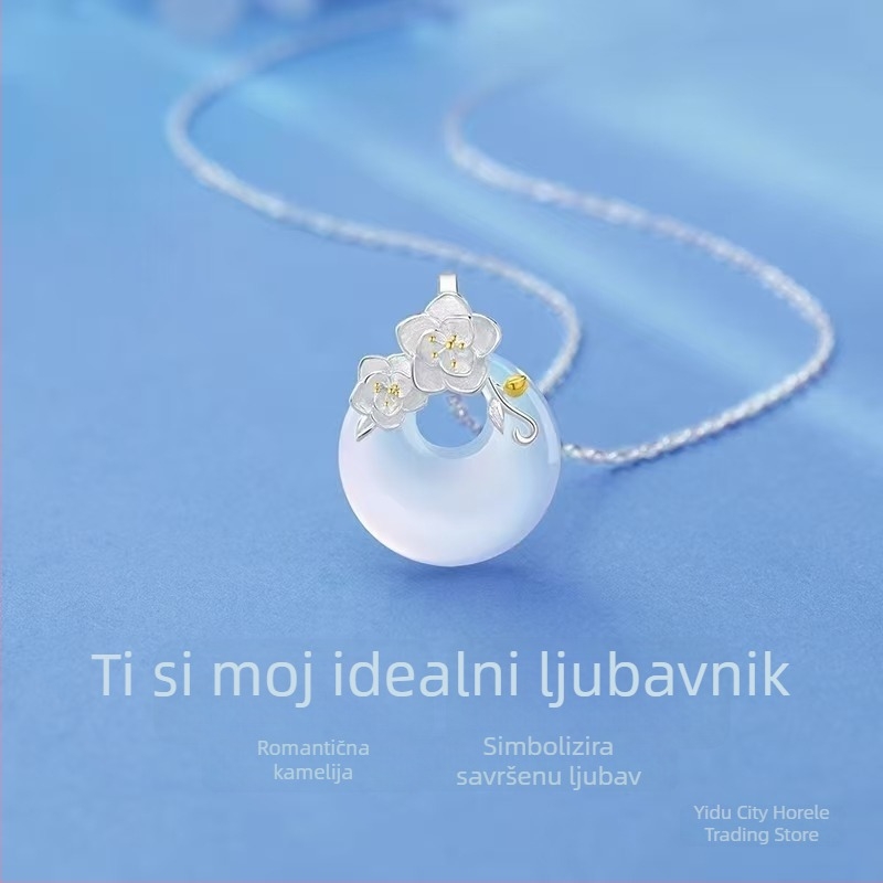 Holler 999 srebrni lančić s chalcedonom u obliku kamelije, privjesak s krstnim lancem, ručno izrađeno, unisex