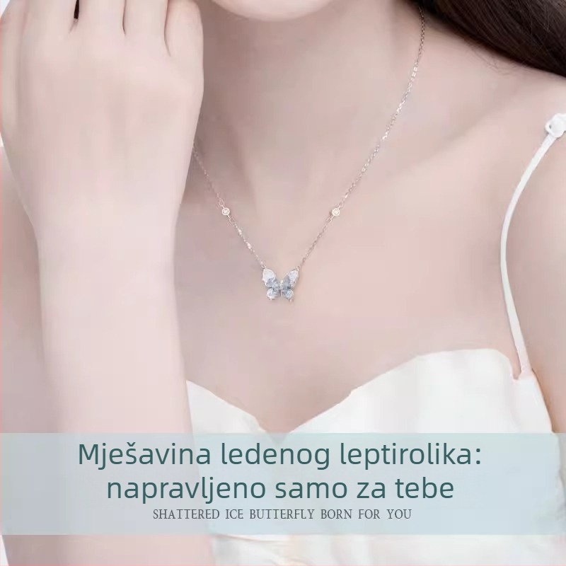 S925 srebrni lančić s leptirima, cirkonijem, krížni lanac, višeslojni dizajn za žene