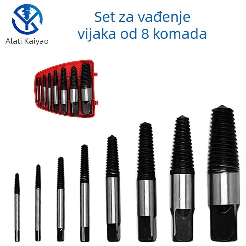 8-dijelni set alata za uklanjanje slomljenih vijaka iz slavina, trostrukih ventila i vodovodnih cijevi; visoko ugljična čelik; dimenzije 80×60 mm i 90×60 mm; za kućno mehaničko održavanje