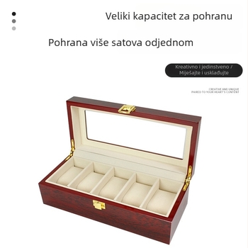 Drvena kutija za satove s preklopnim poklopcem, lakirana sprejem, otisak logotipa i mogućnost prilagodbe.