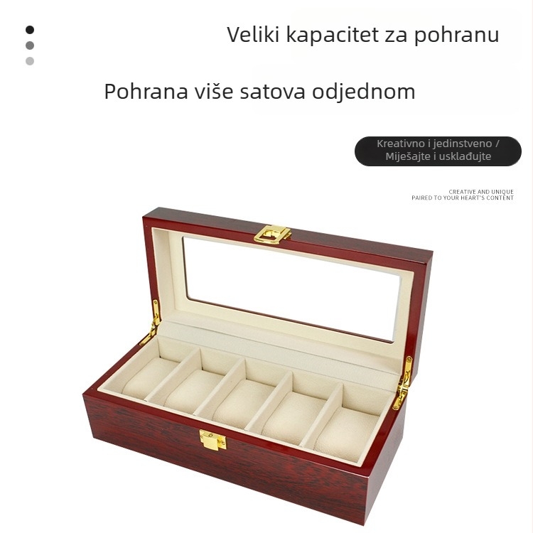 Drvena kutija za satove s preklopnim poklopcem, lakirana sprejem, otisak logotipa i mogućnost prilagodbe.