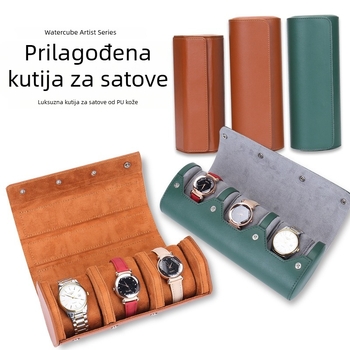 Kožna cilindrična kutija za tri sata i pohranu nakita, trodjelni komplet, mogućnost prilagođenog logotipa