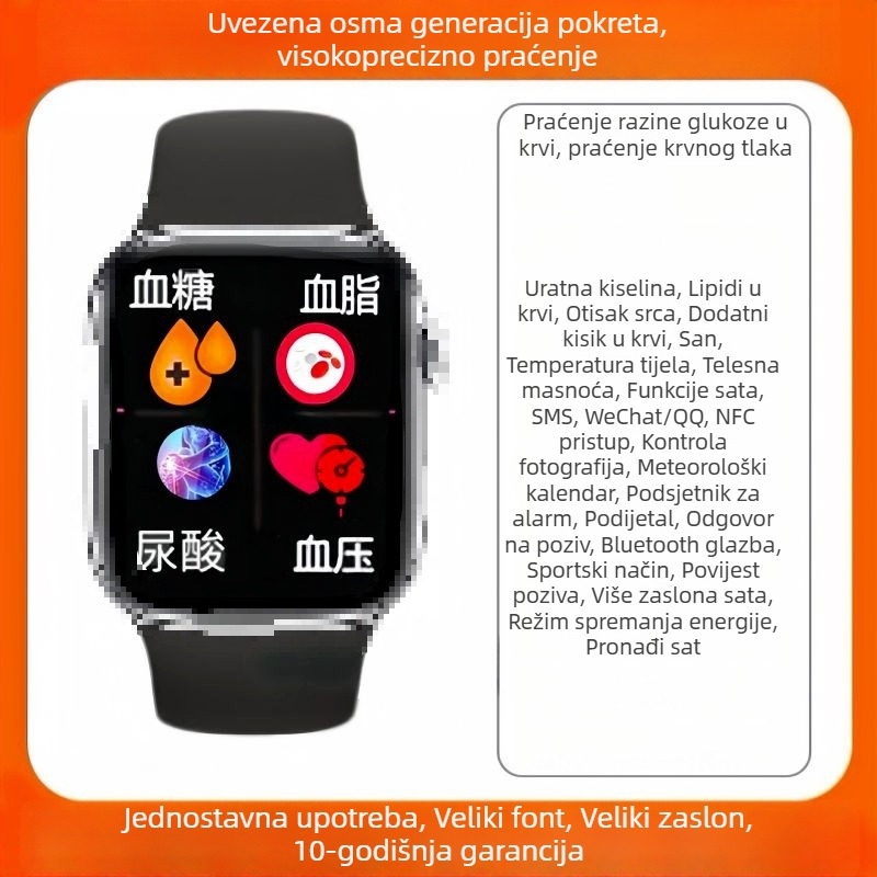 Pametni sat za zdravstveno praćenje neinvazivnog mjerenja glukoze, lipida, krvnog tlaka, otkucaja srca i mokraćne kiseline; Bluetooth pozivi; kvadratni TFT zaslon; kućište od aluminijske legure; sportska silikon narukvica