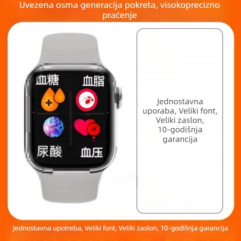 Pametni sat za zdravstveno praćenje neinvazivnog mjerenja glukoze, lipida, krvnog tlaka, otkucaja srca i mokraćne kiseline; Bluetooth pozivi; kvadratni TFT zaslon; kućište od aluminijske legure; sportska silikon narukvica