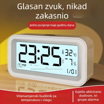 Stolni budilnik za učenike osnovne škole s glasnim alarmom, punjivim napajanjem, pametnim noćnim svjetlom, prikazom temperature i vlage te prikazom tjedna i mjeseca.