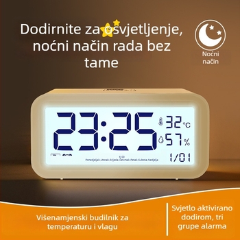Stolni budilnik za učenike osnovne škole s glasnim alarmom, punjivim napajanjem, pametnim noćnim svjetlom, prikazom temperature i vlage te prikazom tjedna i mjeseca.