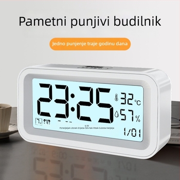 Stolni budilnik za učenike osnovne škole s glasnim alarmom, punjivim napajanjem, pametnim noćnim svjetlom, prikazom temperature i vlage te prikazom tjedna i mjeseca.